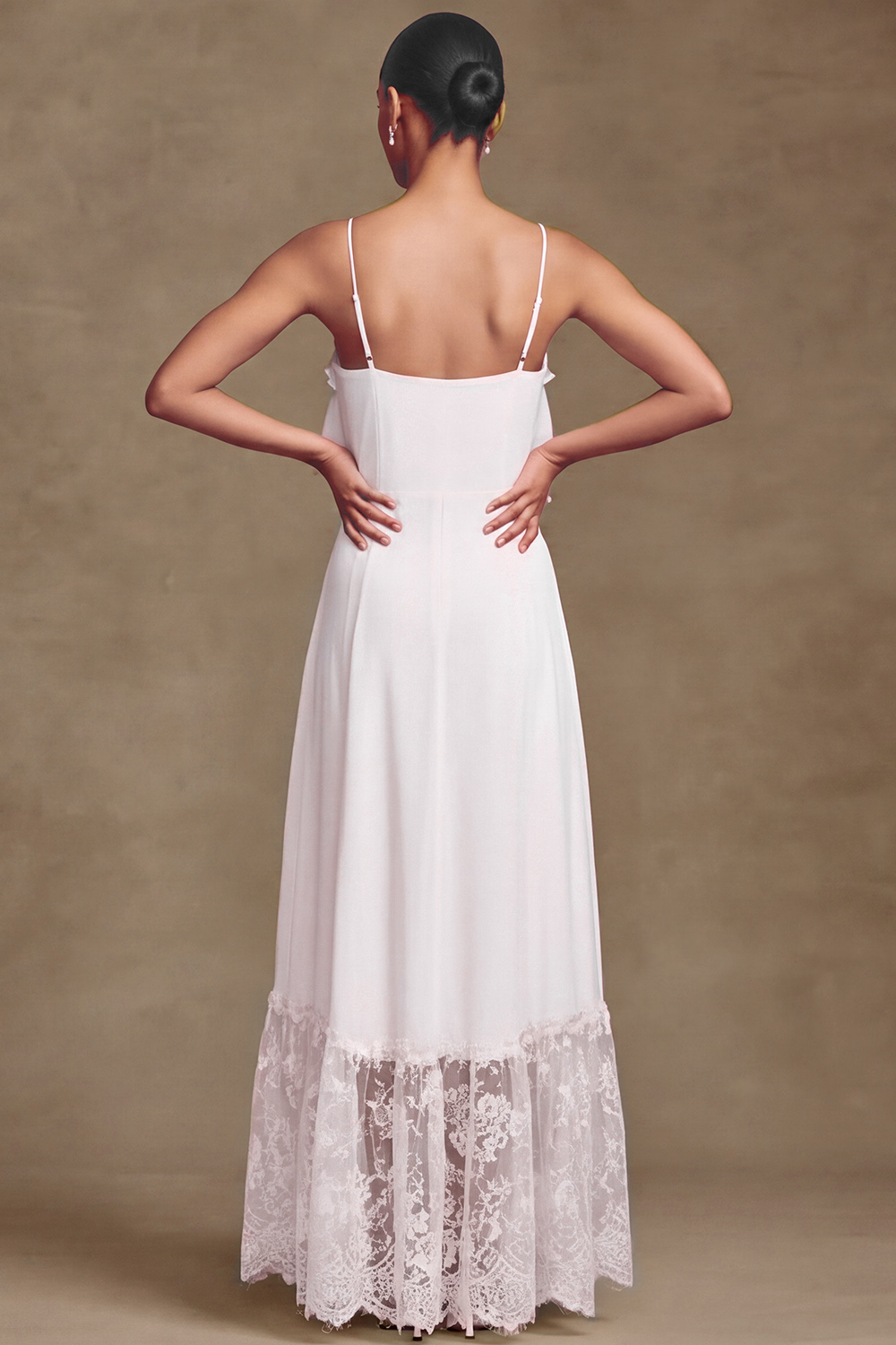 White Sheath Spaghetti Straps Ruffled Floor Length Wedding Dress with Lace