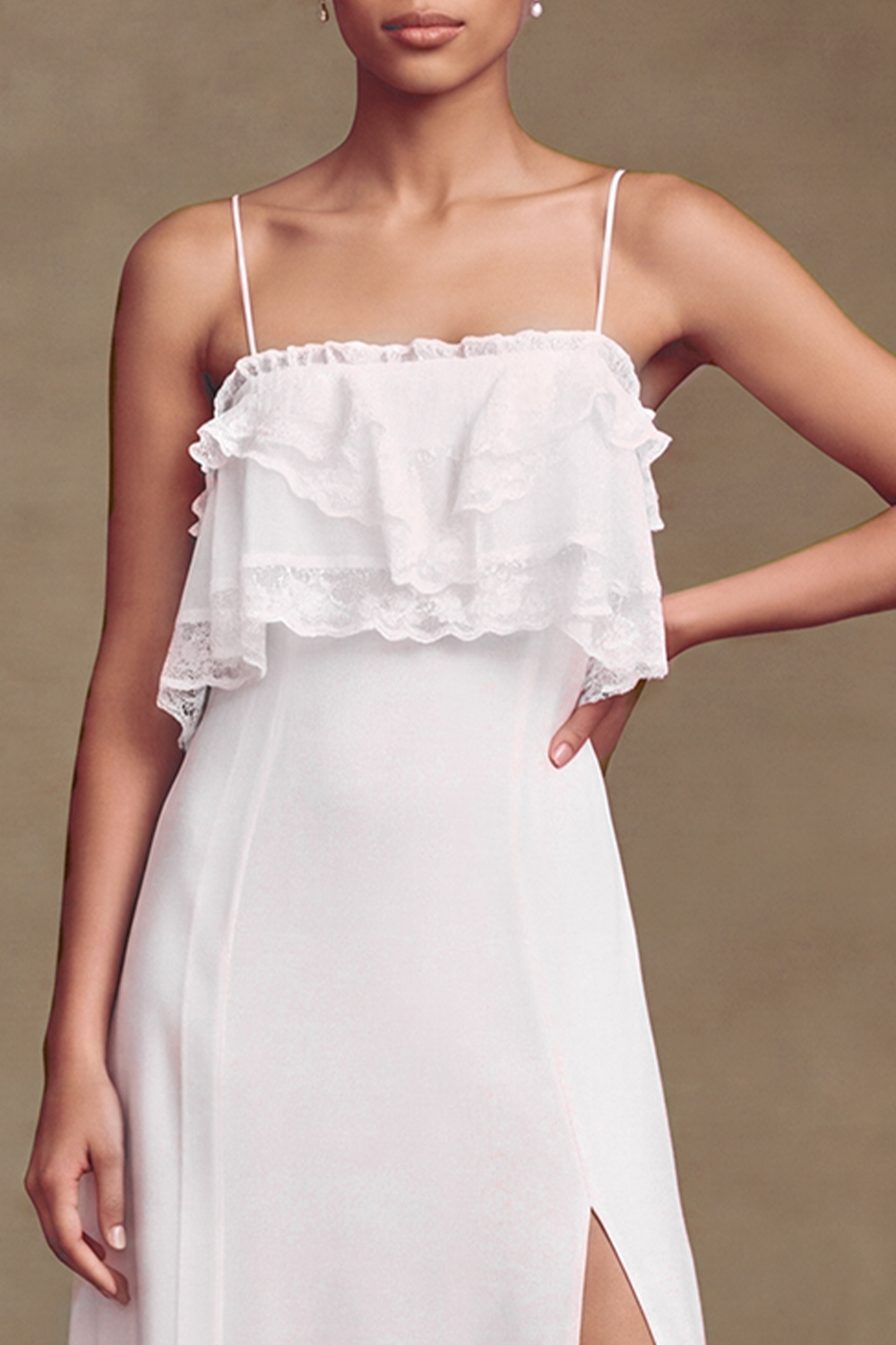 White Sheath Spaghetti Straps Ruffled Floor Length Wedding Dress with Lace