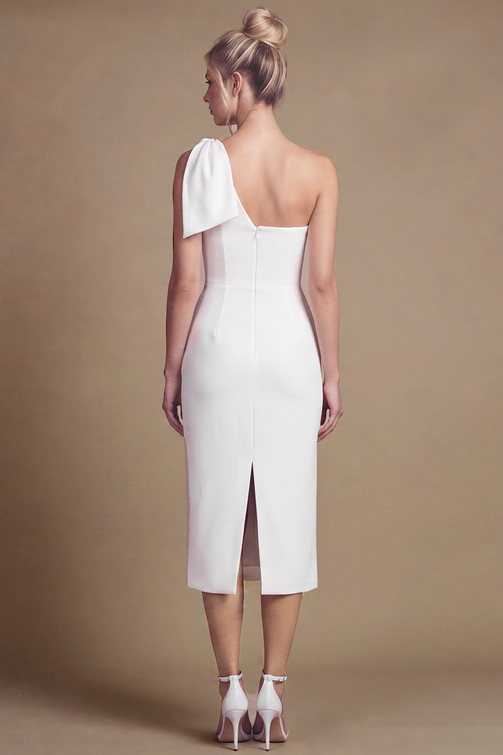 White Sheath One Shoulder Midi Wedding Dress with Back Slit