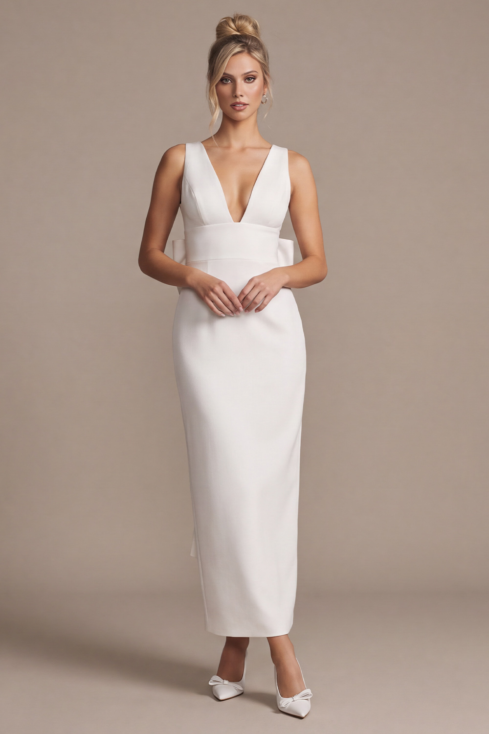 White Sheath V-Neck Maxi Satin Wedding Dress with Bow