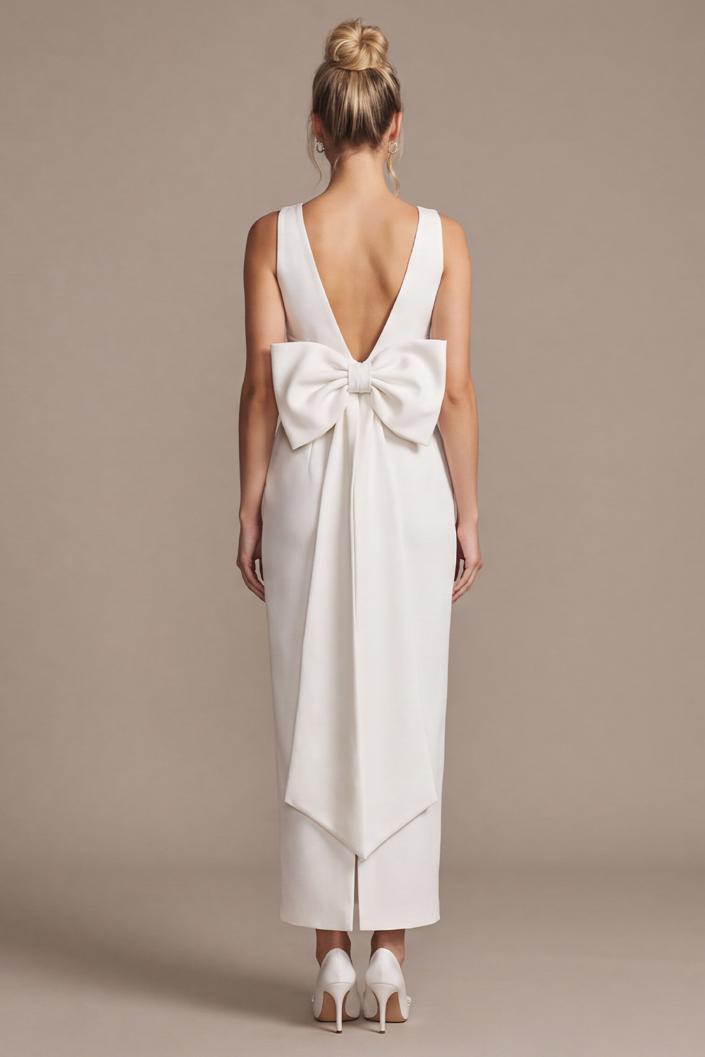 White Sheath V-Neck Maxi Satin Wedding Dress with Bow