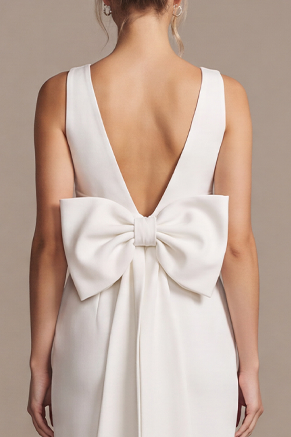 White Sheath V-Neck Maxi Satin Wedding Dress with Bow