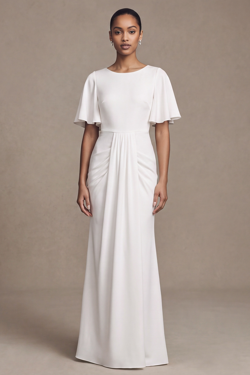 White Sheath Boat Neck Ruched Flutter Sleeves Draped Wedding Dress