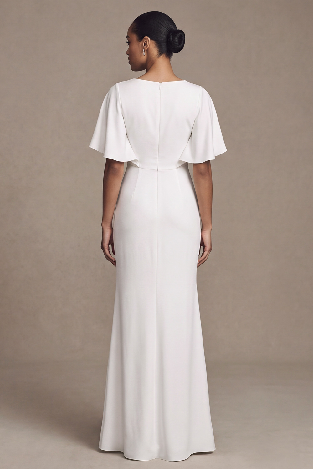 White Sheath Boat Neck Ruched Flutter Sleeves Draped Wedding Dress
