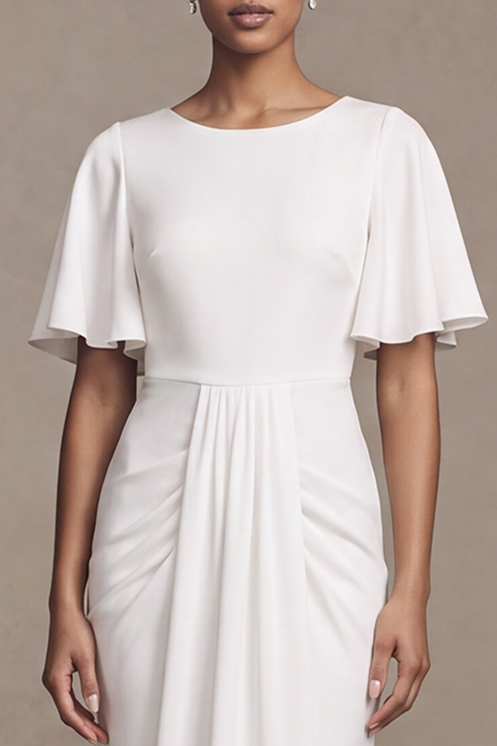 White Sheath Boat Neck Ruched Flutter Sleeves Draped Wedding Dress