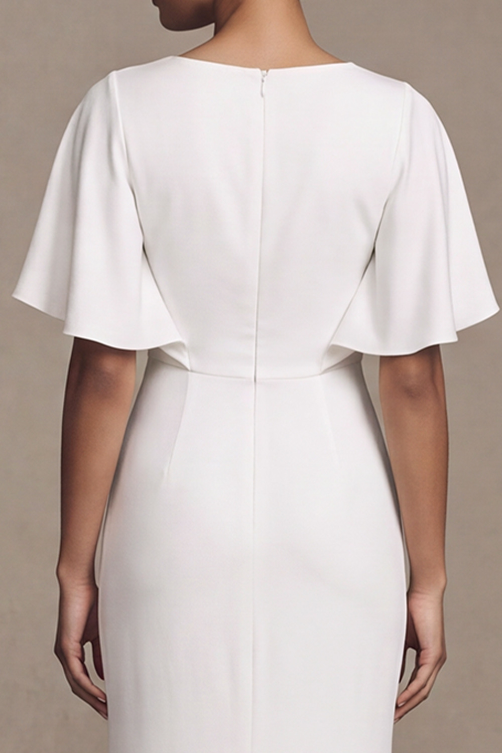 White Sheath Boat Neck Ruched Flutter Sleeves Draped Wedding Dress