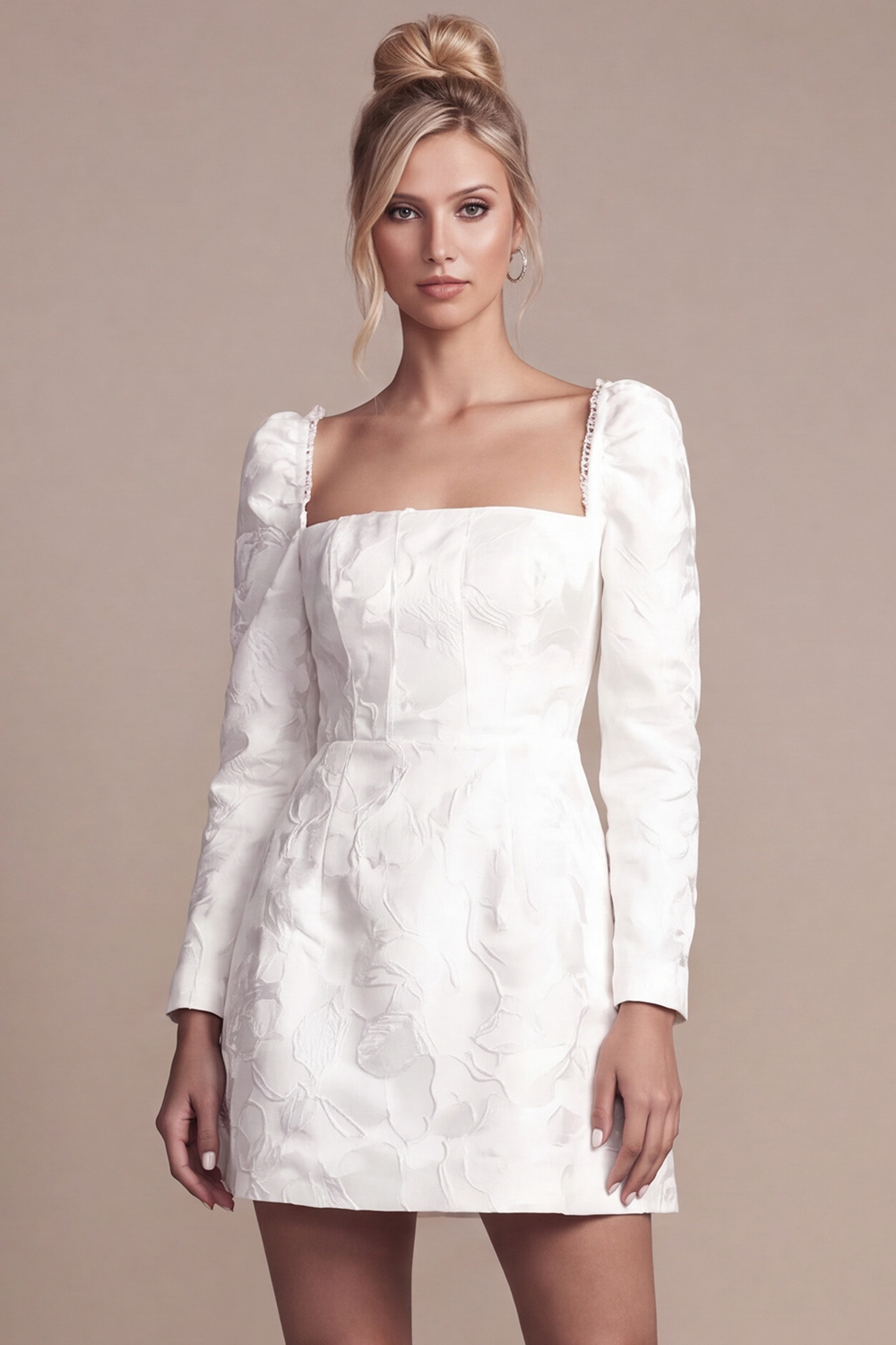 White Square Neck Long Sleeves Floral Jacquard Mini Wedding Dress