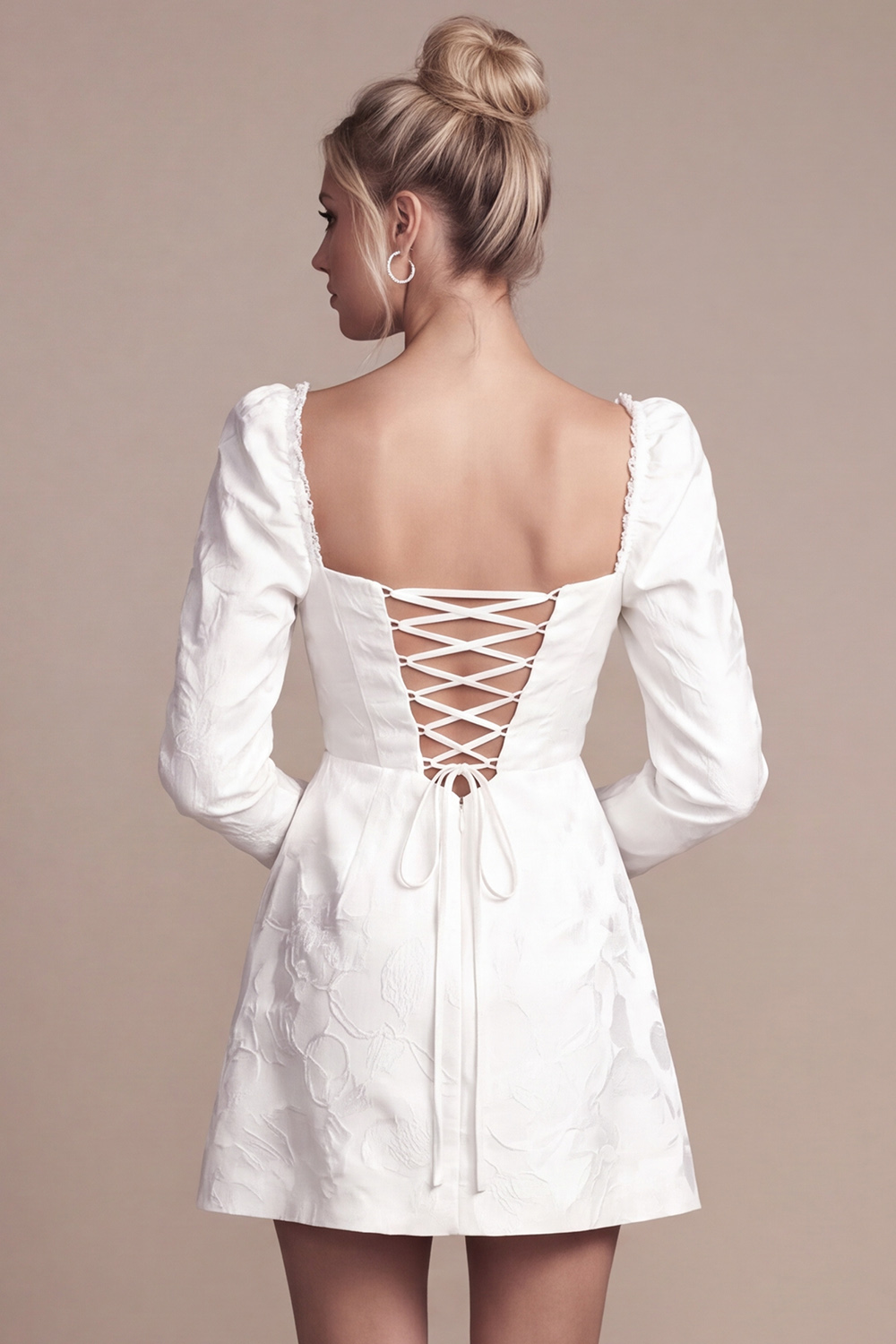 White Square Neck Long Sleeves Floral Jacquard Mini Wedding Dress