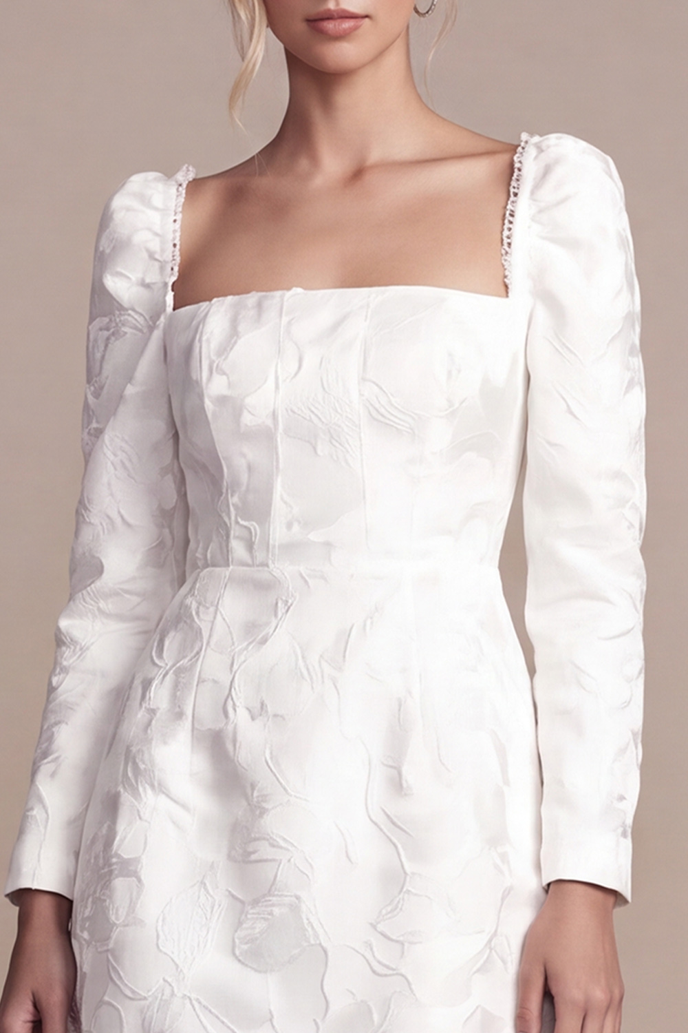 White Square Neck Long Sleeves Floral Jacquard Mini Wedding Dress