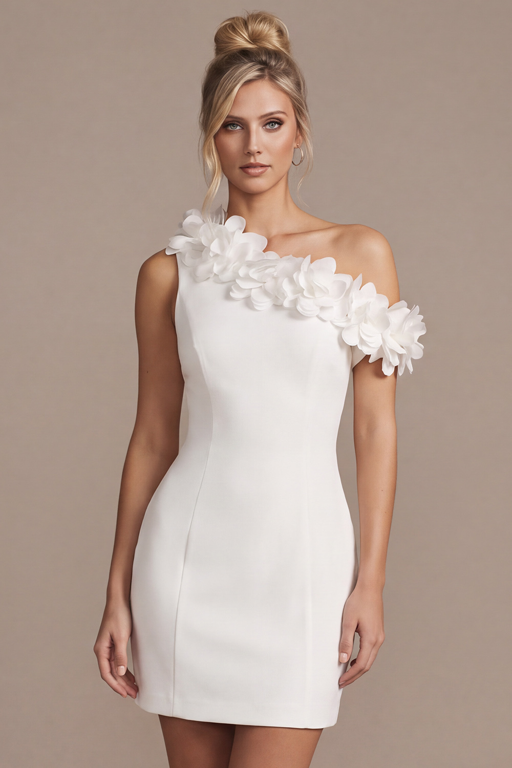 White Bodycon One Shoulder Short Wedding Dress with 3D Flowers