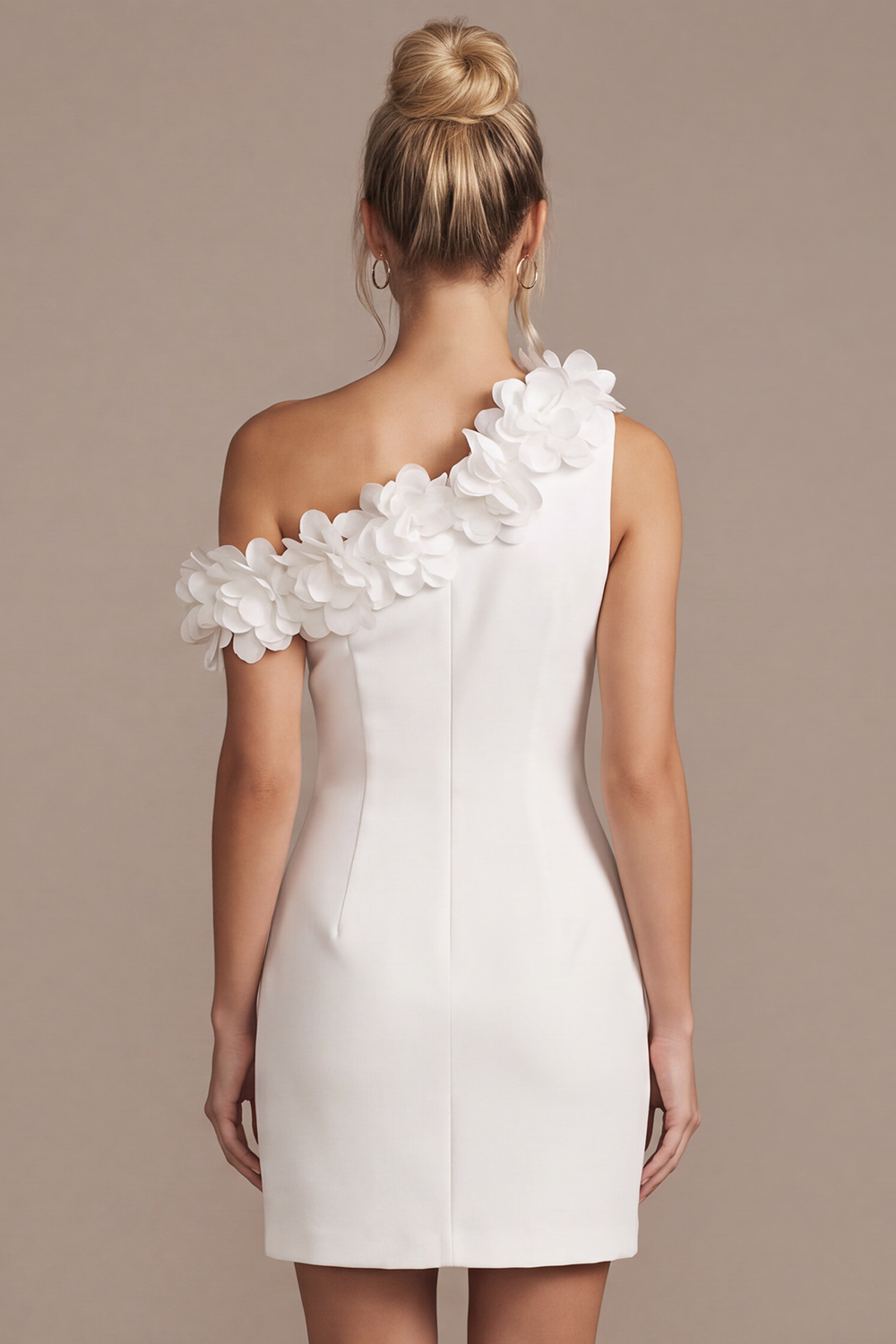 White Bodycon One Shoulder Short Wedding Dress with 3D Flowers