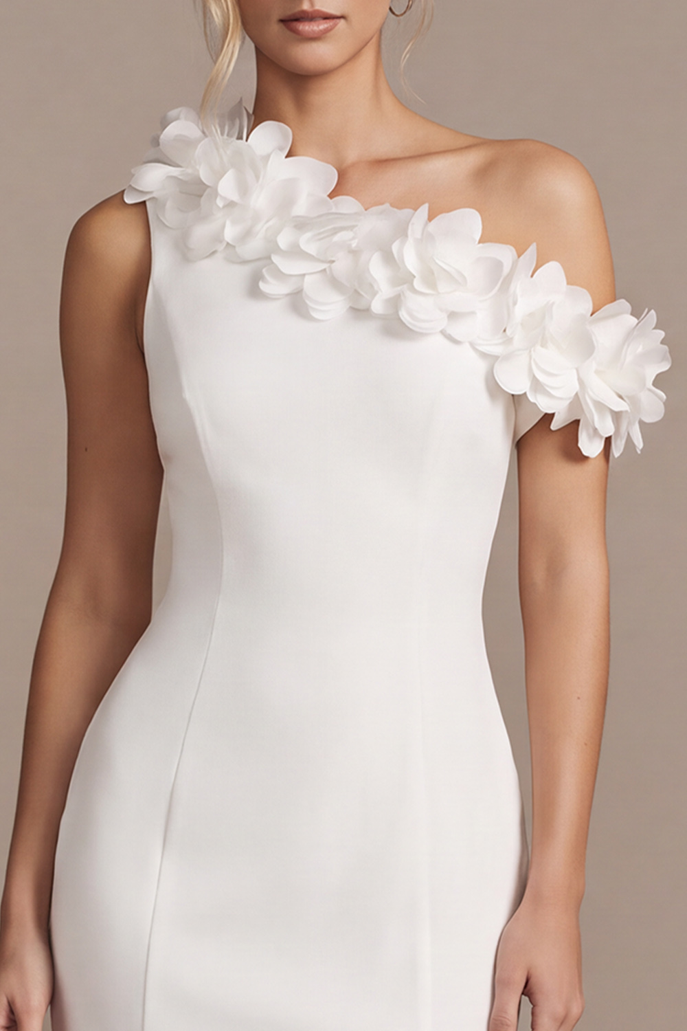 White Bodycon One Shoulder Short Wedding Dress with 3D Flowers