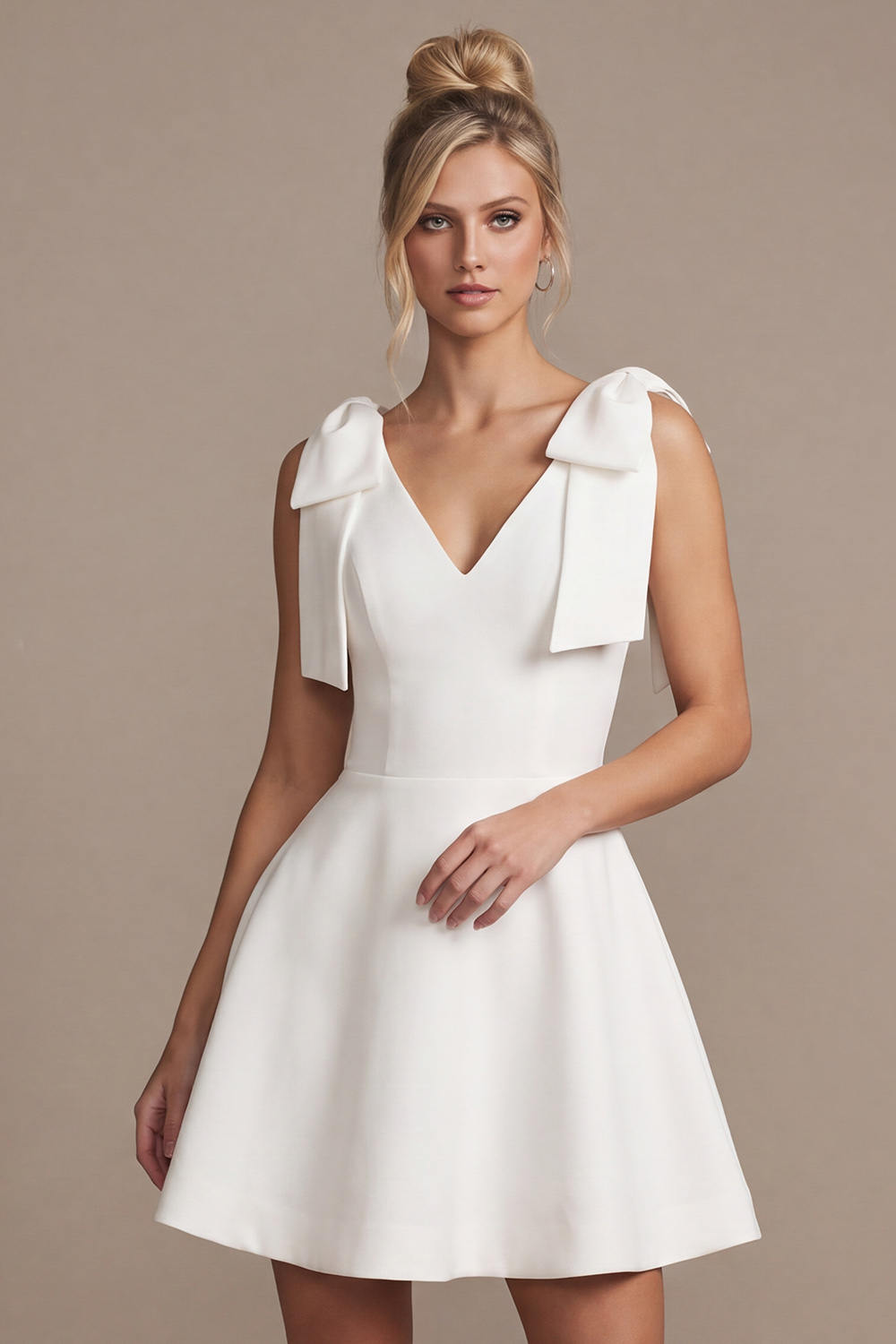 White A-Line V-Neck Short Wedding Dress with Bows