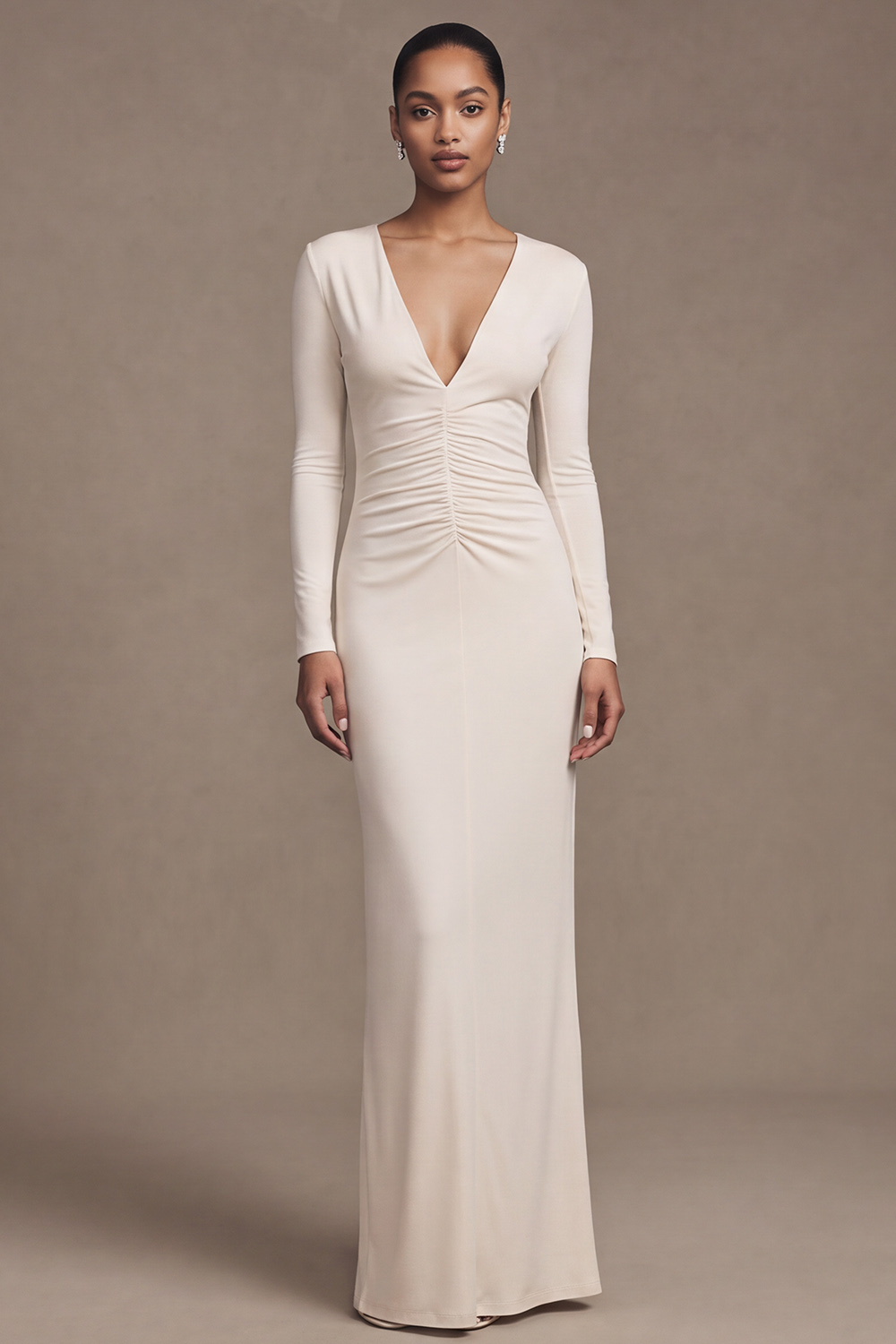 White Mermaid V-Neck Ruched Floor Length Long Sleeves Wedding Dress