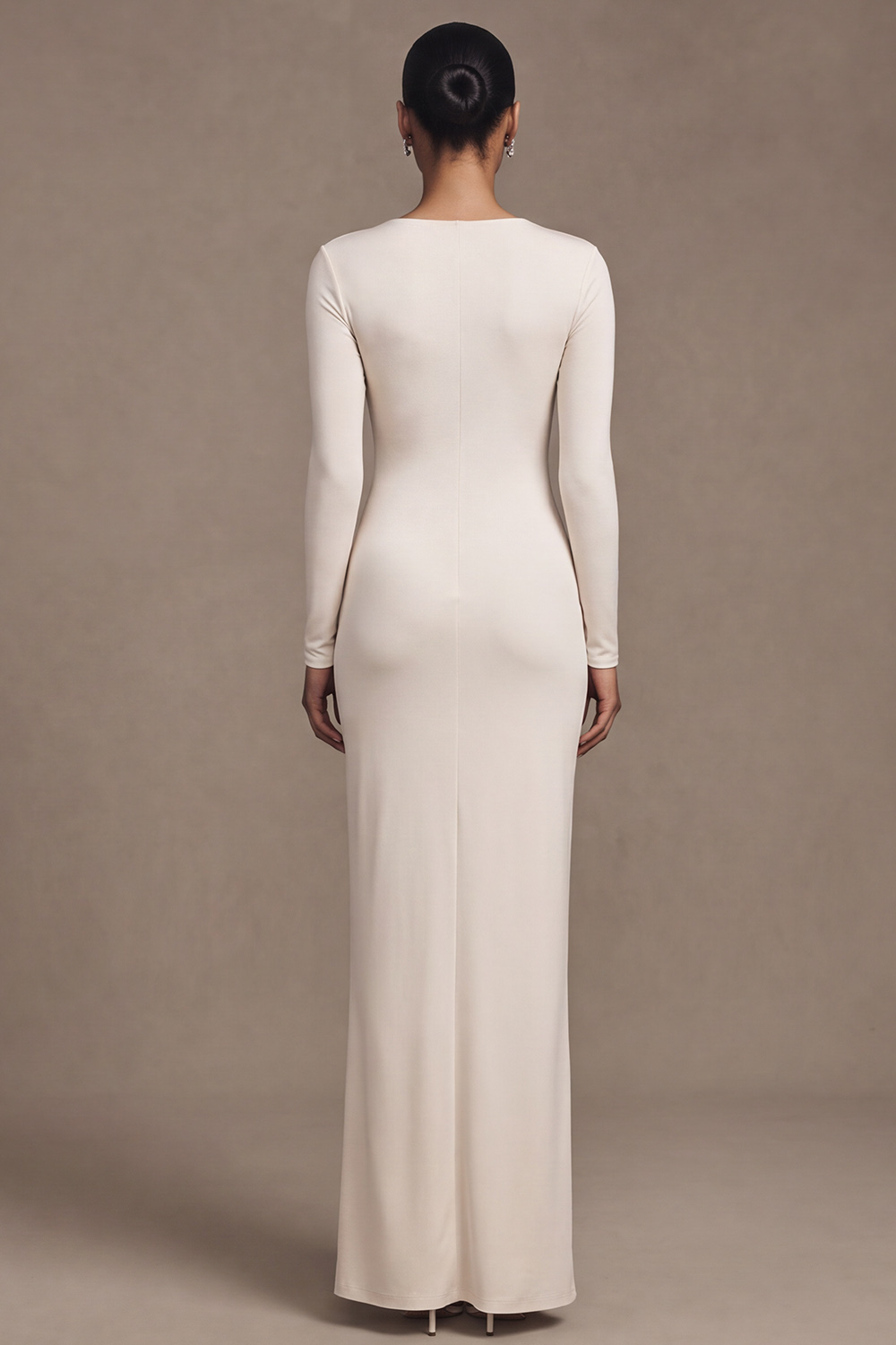 White Mermaid V-Neck Ruched Floor Length Long Sleeves Wedding Dress