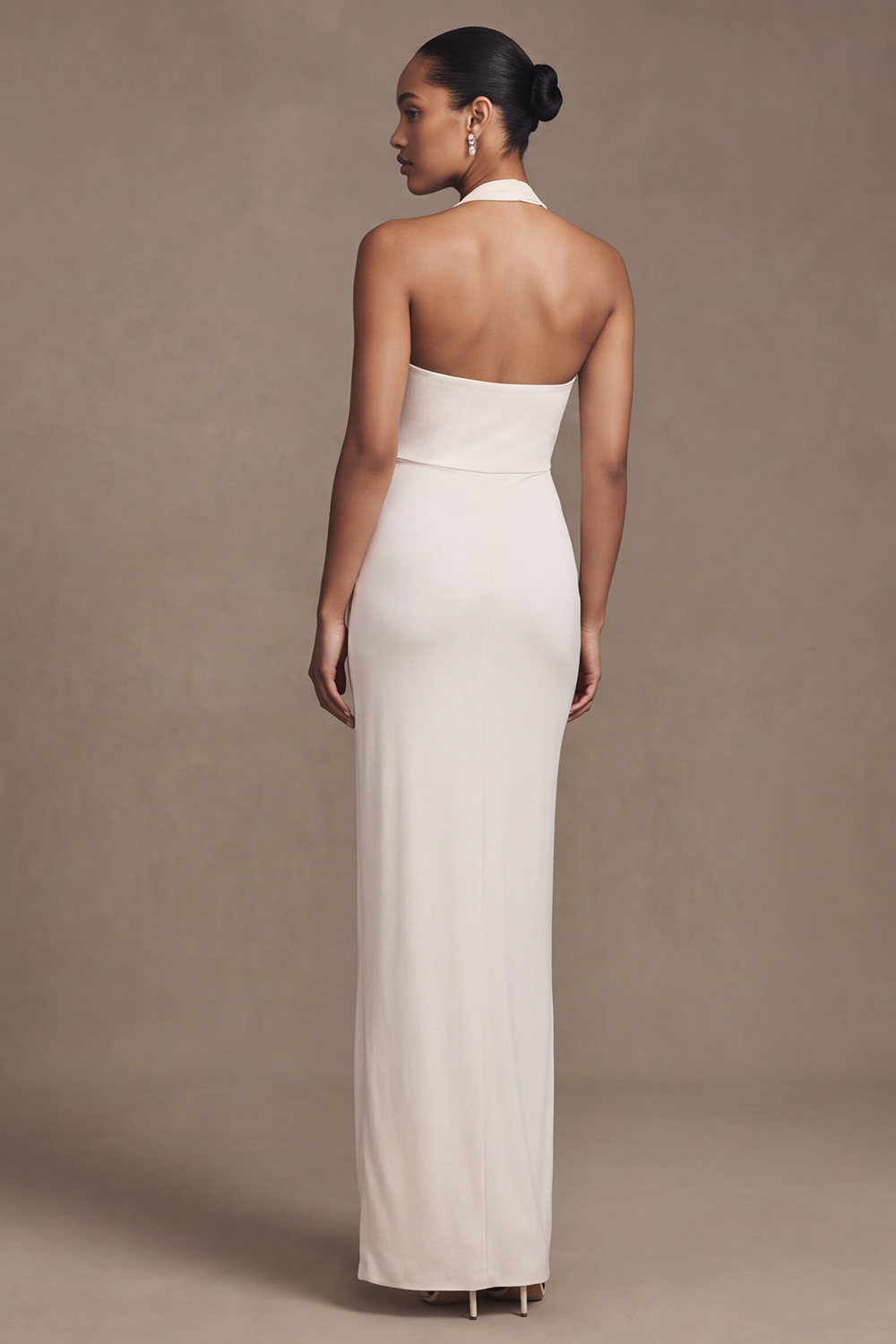 White Mermaid Halter Backless Draped Wedding Dress with Streamer