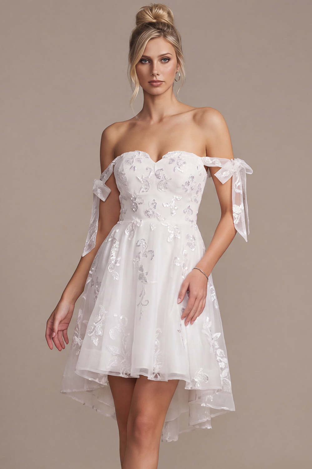 White A-Line High-Low Floral Lace Wedding Dress with Bows