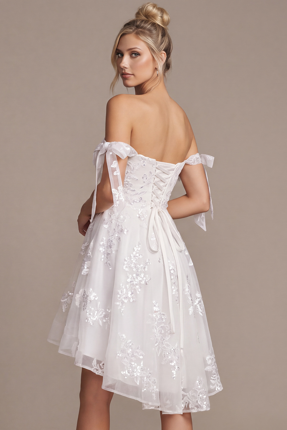 White A-Line High-Low Floral Lace Wedding Dress with Bows