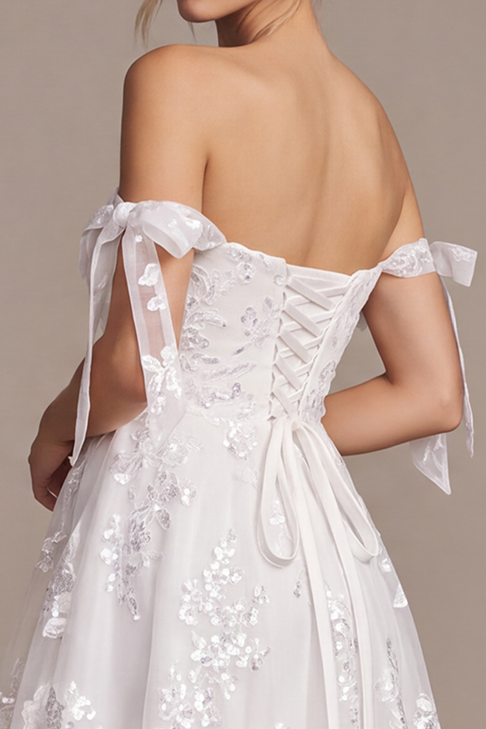 White A-Line High-Low Floral Lace Wedding Dress with Bows