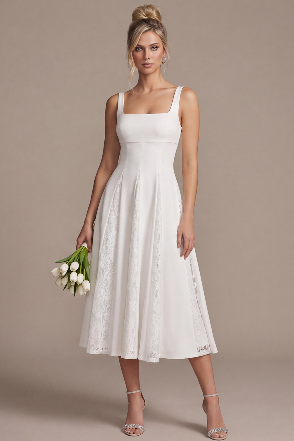 White A-Line Square Neck Patchwork Midi Wedding Dress with Lace