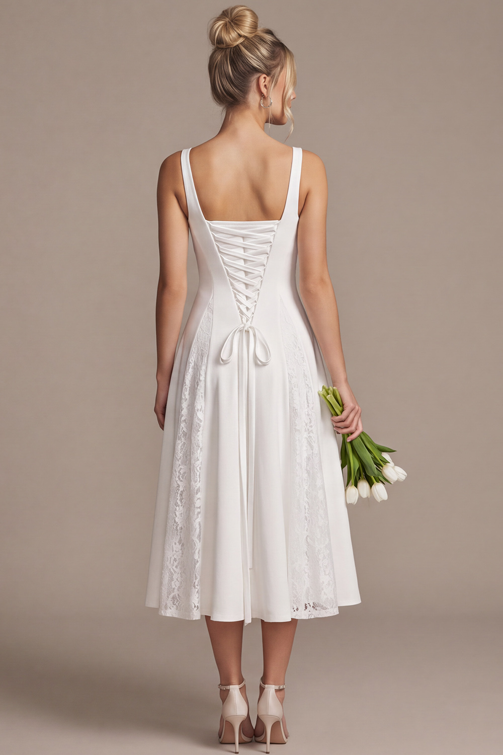 White A-Line Square Neck Patchwork Midi Wedding Dress with Lace