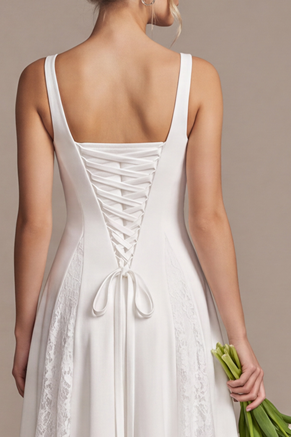 White A-Line Square Neck Patchwork Midi Wedding Dress with Lace