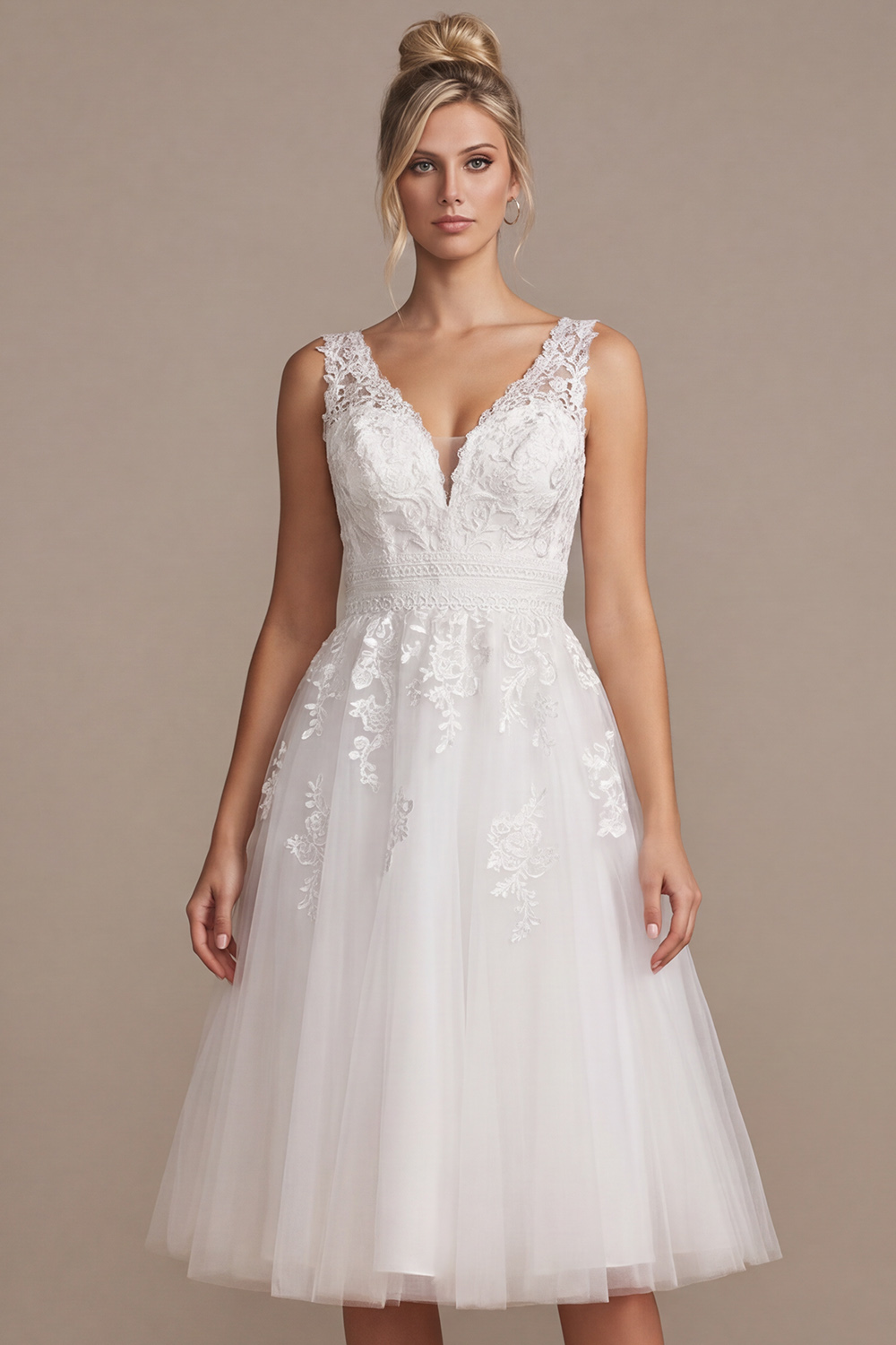 White A-Line V-Neck Tea-Length Wedding Dress with Lace