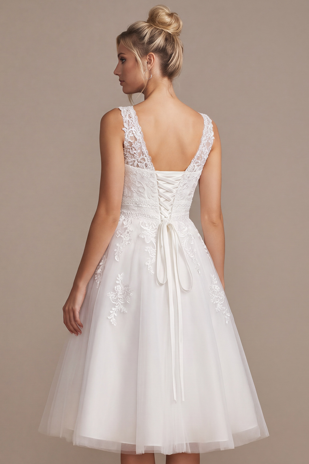 White A-Line V-Neck Tea-Length Wedding Dress with Lace