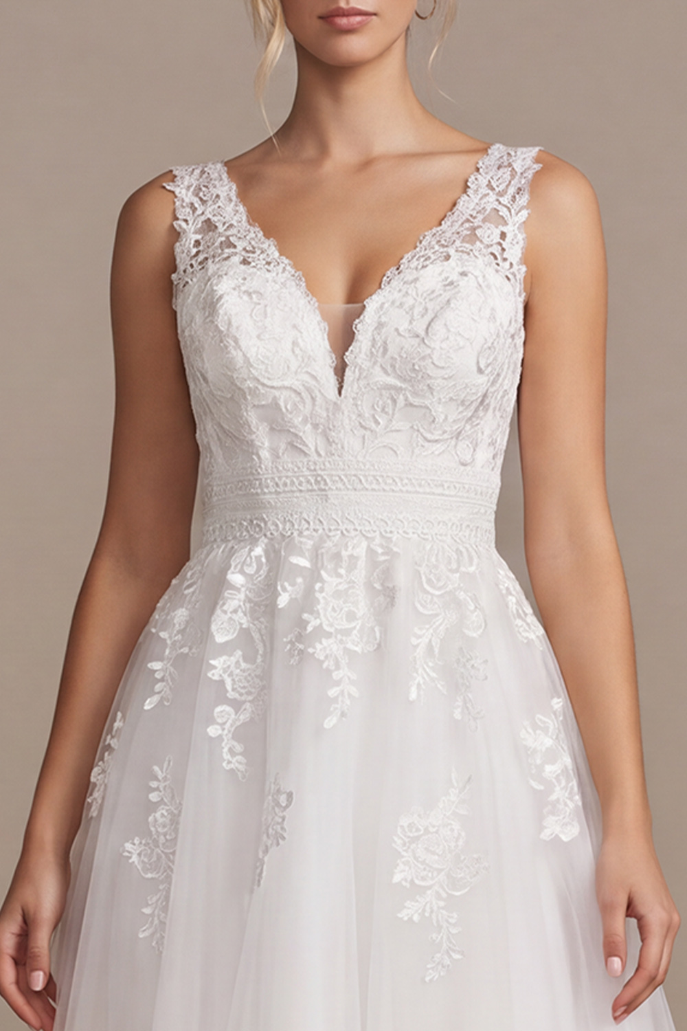 White A-Line V-Neck Tea-Length Wedding Dress with Lace