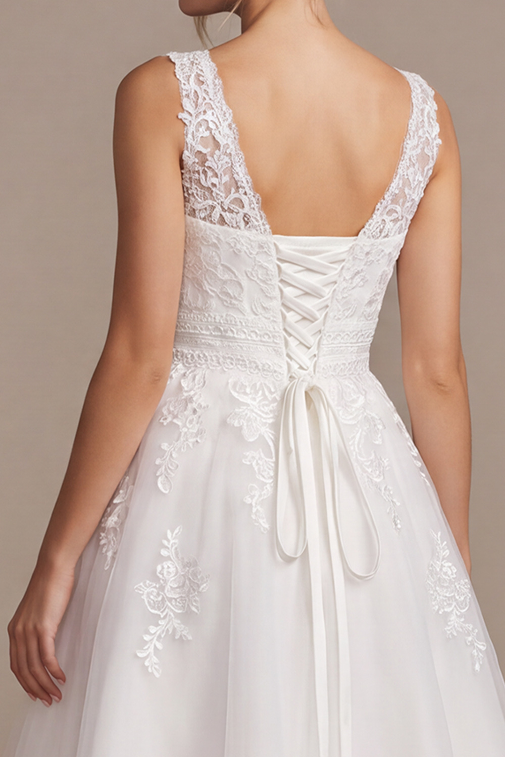 White A-Line V-Neck Tea-Length Wedding Dress with Lace