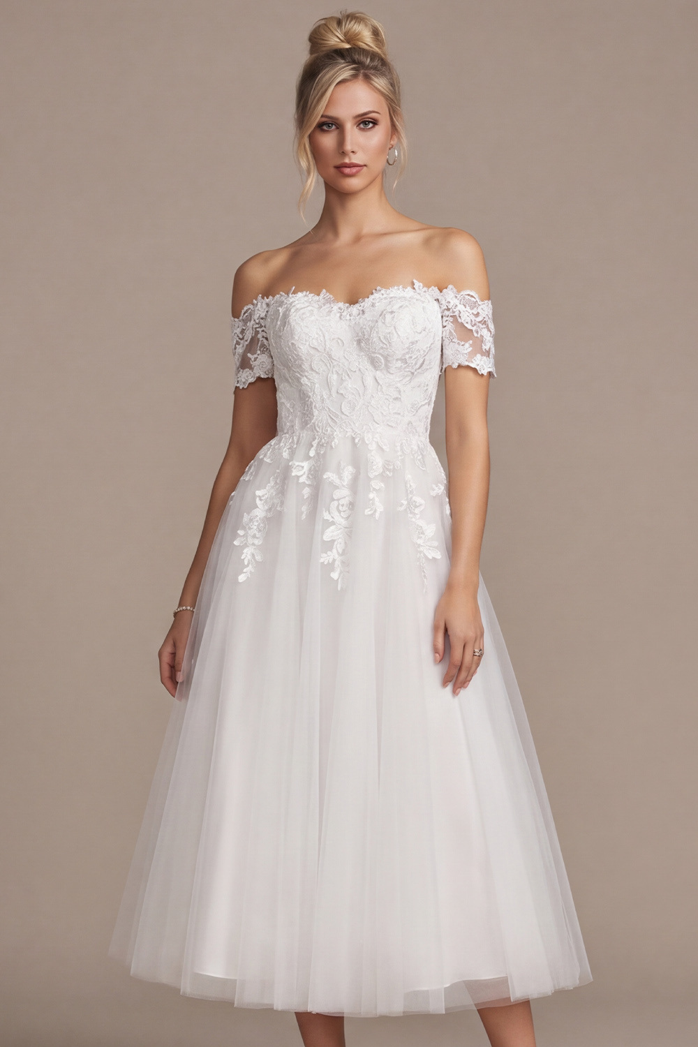White A-Line Off the Shoulder Tea-Length Wedding Dress with Lace