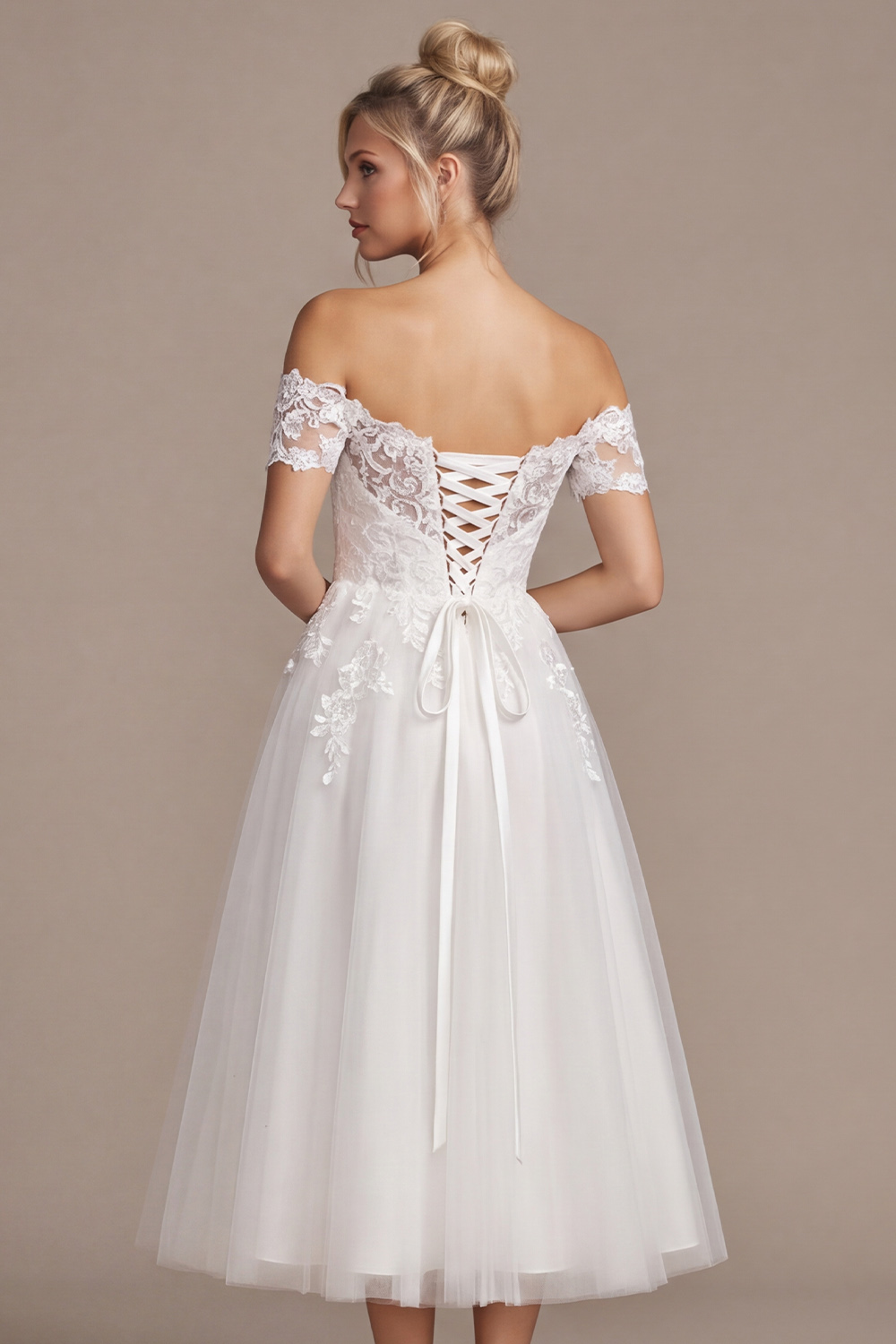 White A-Line Off the Shoulder Tea-Length Wedding Dress with Lace
