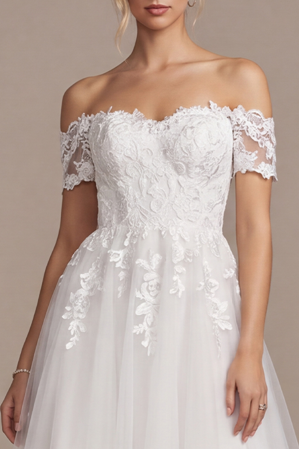 White A-Line Off the Shoulder Tea-Length Wedding Dress with Lace