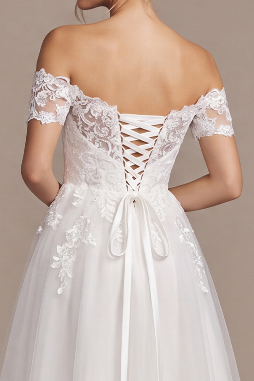 White A-Line Off the Shoulder Tea-Length Wedding Dress with Lace