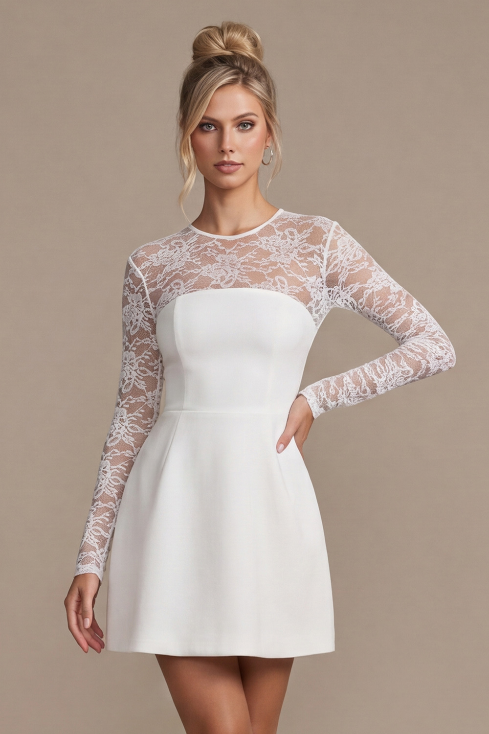 White A-Line Illusion Round Neck Long Sleeves Short Wedding Dress with Lace