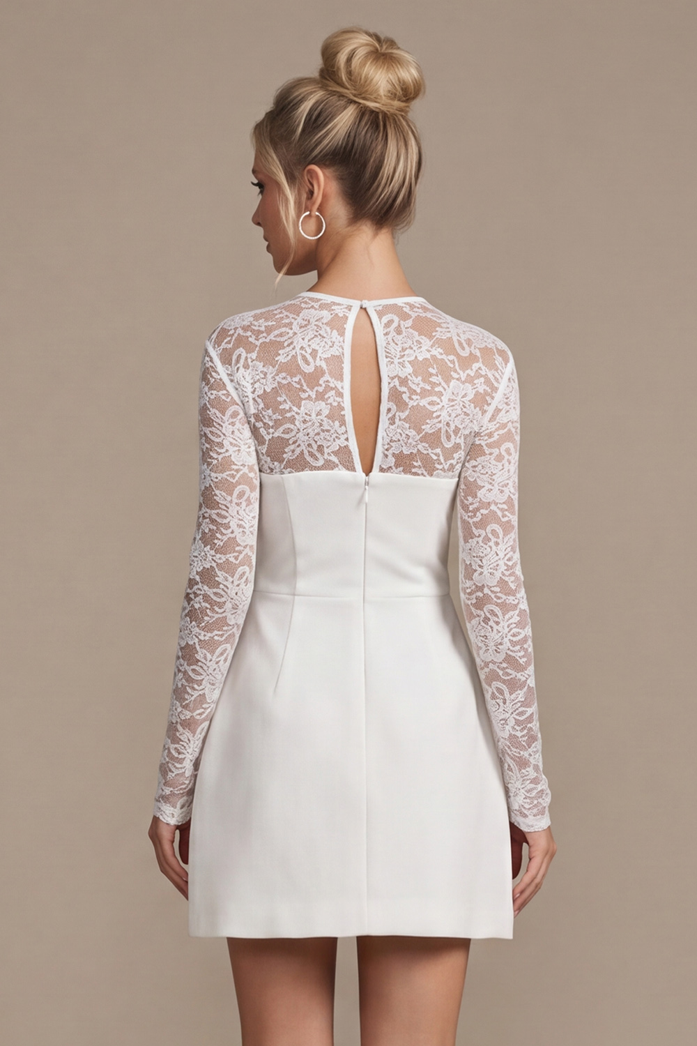 White A-Line Illusion Round Neck Long Sleeves Short Wedding Dress with Lace
