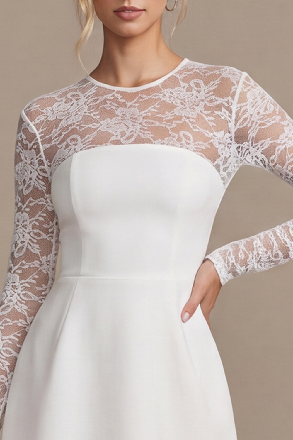 White A-Line Illusion Round Neck Long Sleeves Short Wedding Dress with Lace