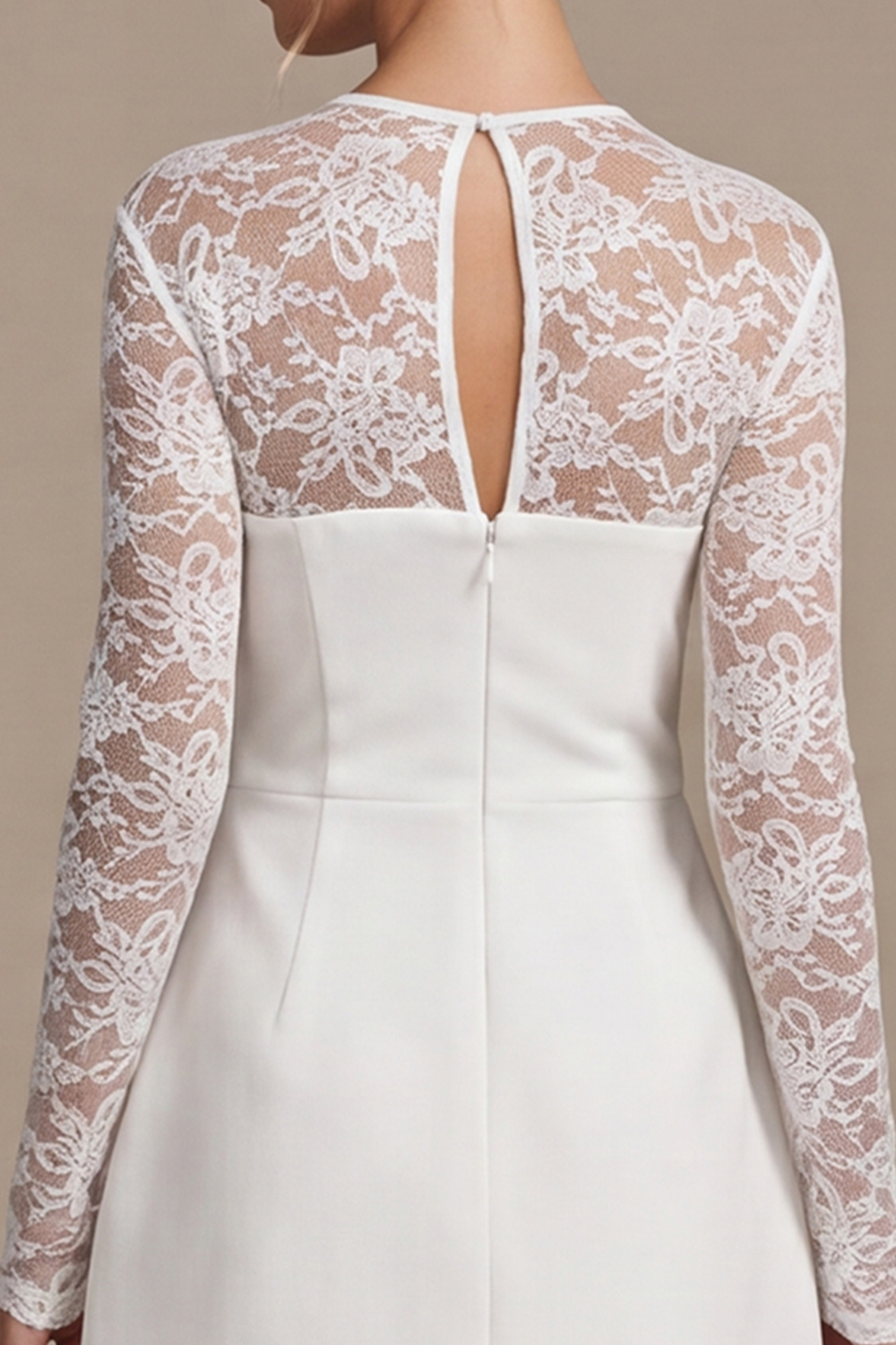 White A-Line Illusion Round Neck Long Sleeves Short Wedding Dress with Lace