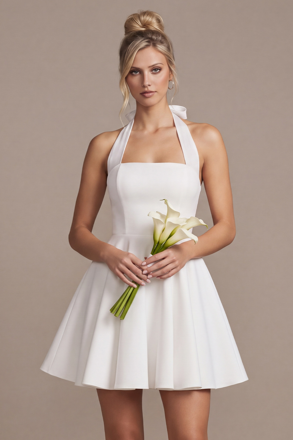White A-Line Halter Short Wedding Dress with Bow