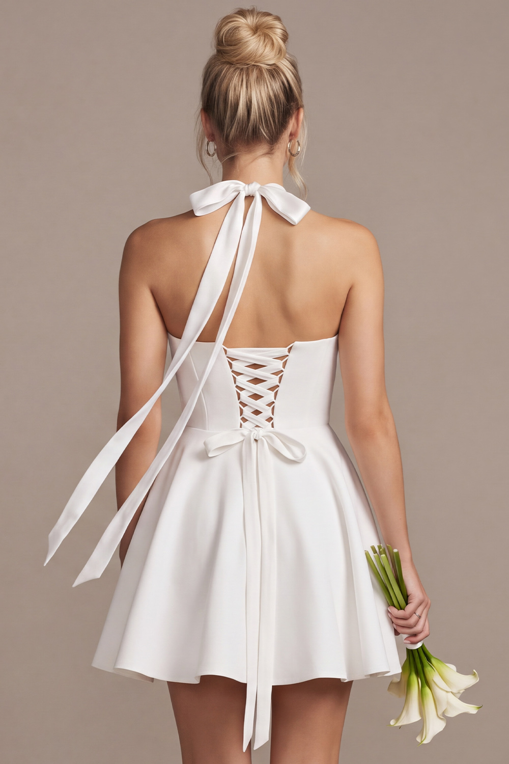 White A-Line Halter Short Wedding Dress with Bow