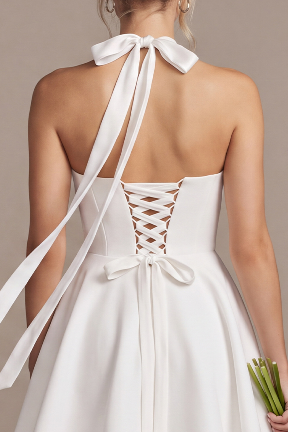 White A-Line Halter Short Wedding Dress with Bow