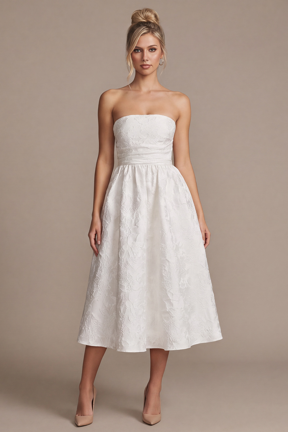 White A-Line Strapless Ruched Tea-Length Floral Wedding Dress