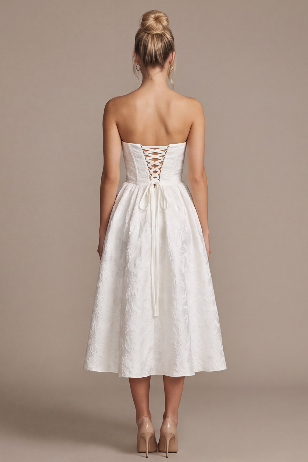 White A-Line Strapless Ruched Tea-Length Floral Wedding Dress