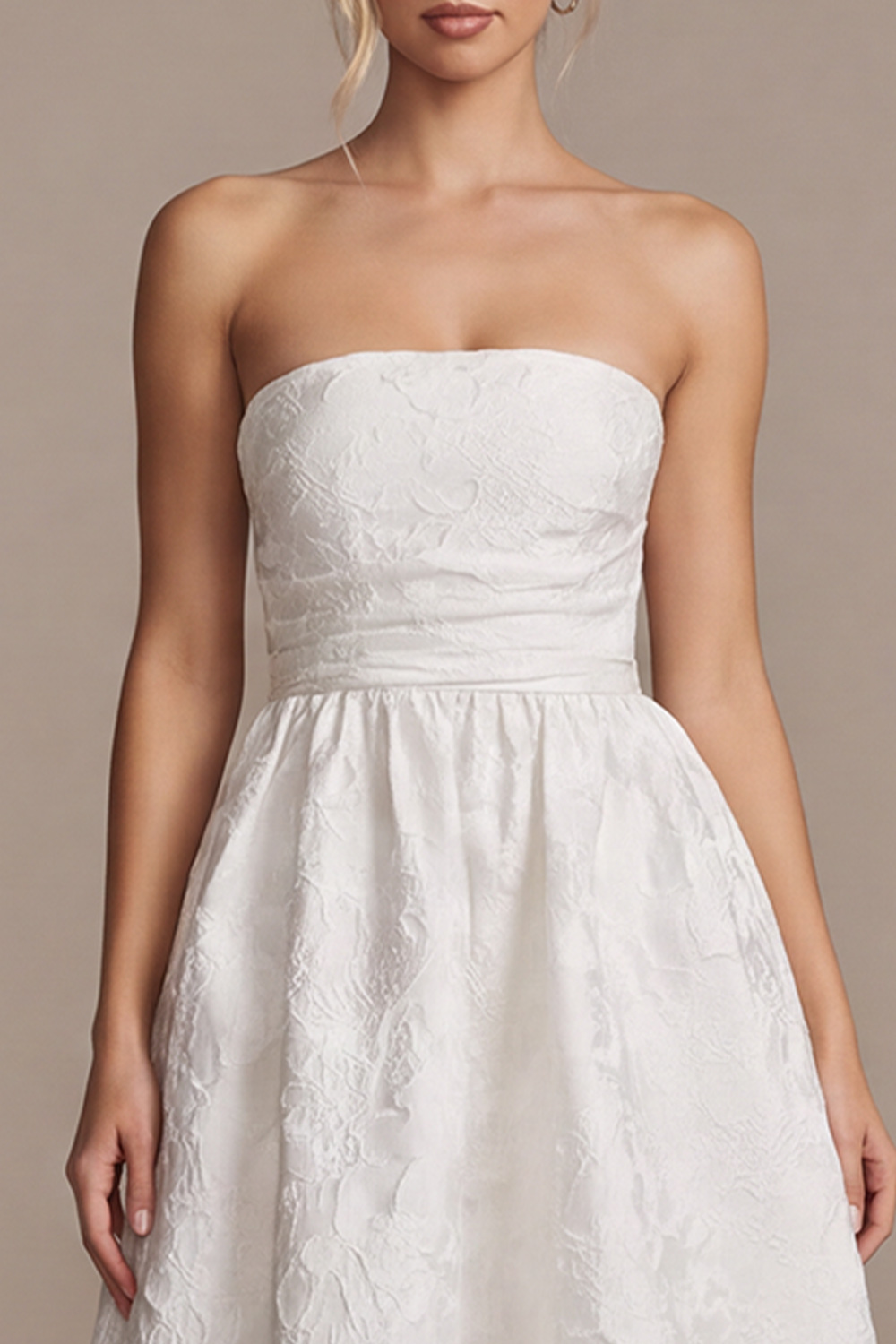 White A-Line Strapless Ruched Tea-Length Floral Wedding Dress