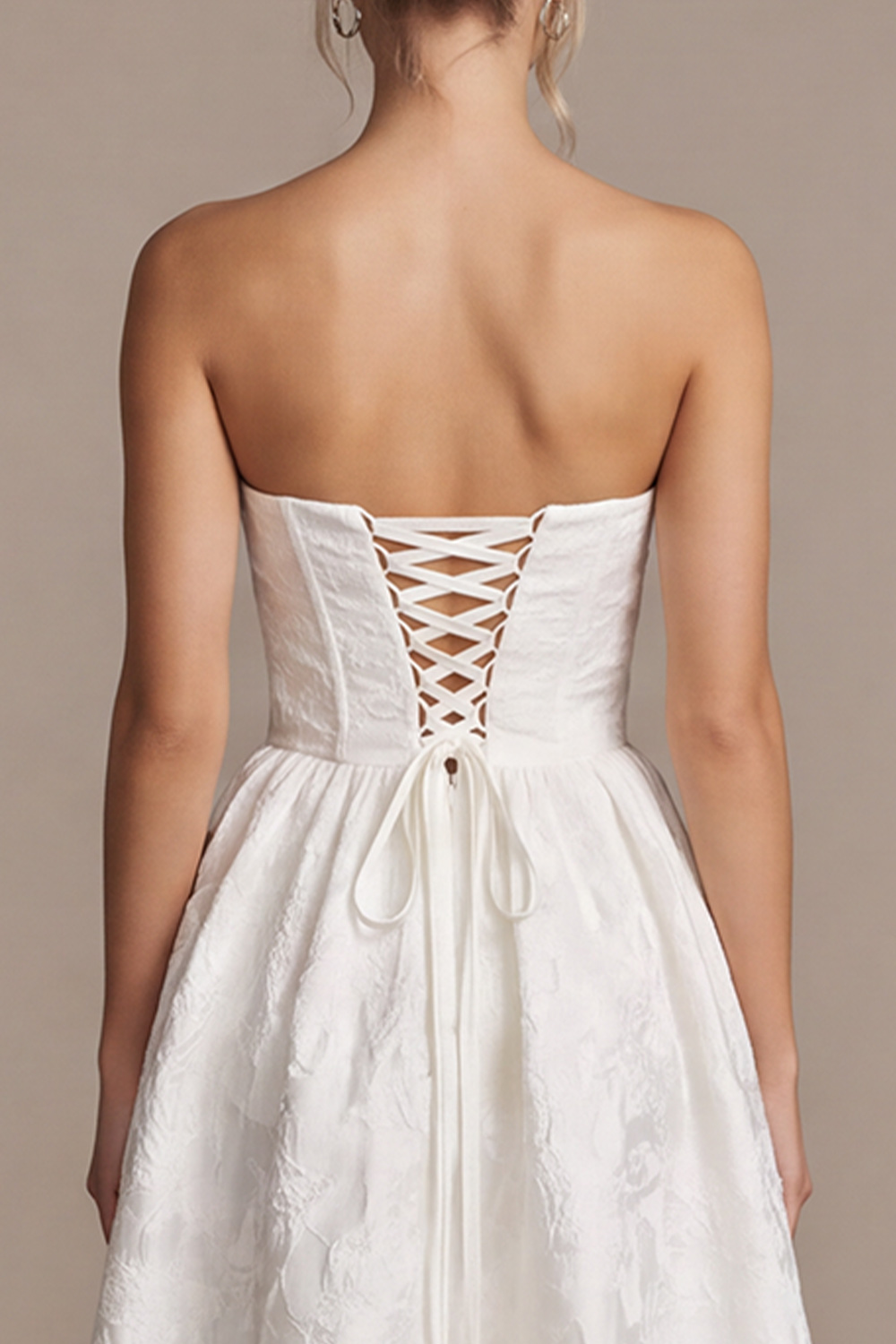 White A-Line Strapless Ruched Tea-Length Floral Wedding Dress