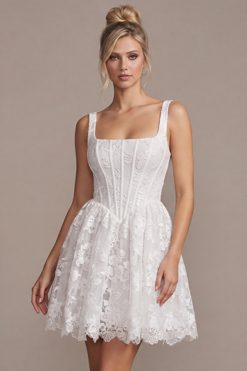 White Corset A-Line Square Neck Short Floral Lace Wedding Dress
