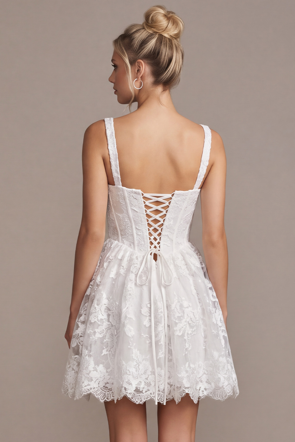 White Corset A-Line Square Neck Short Floral Lace Wedding Dress