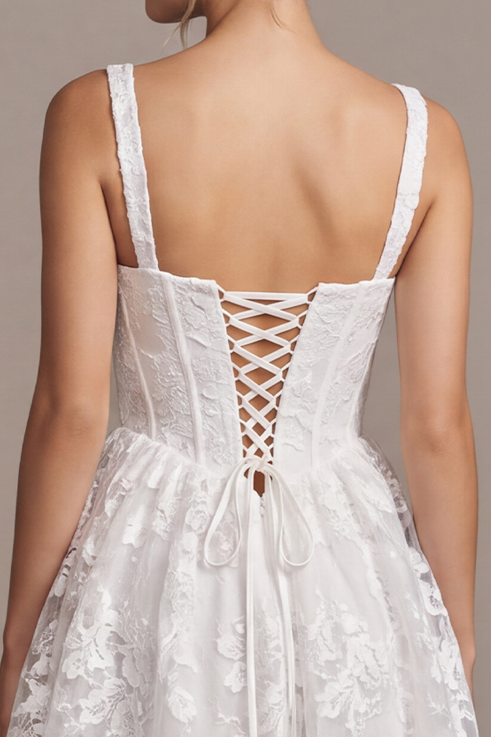 White Corset A-Line Square Neck Short Floral Lace Wedding Dress