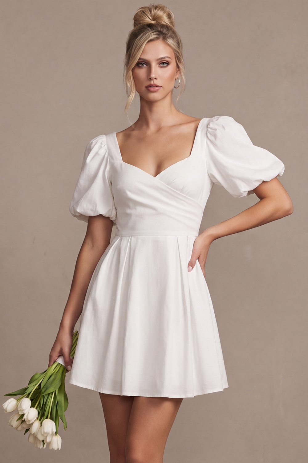 White A-Line V Neck Puff Sleeves Short Simple Wedding Dress