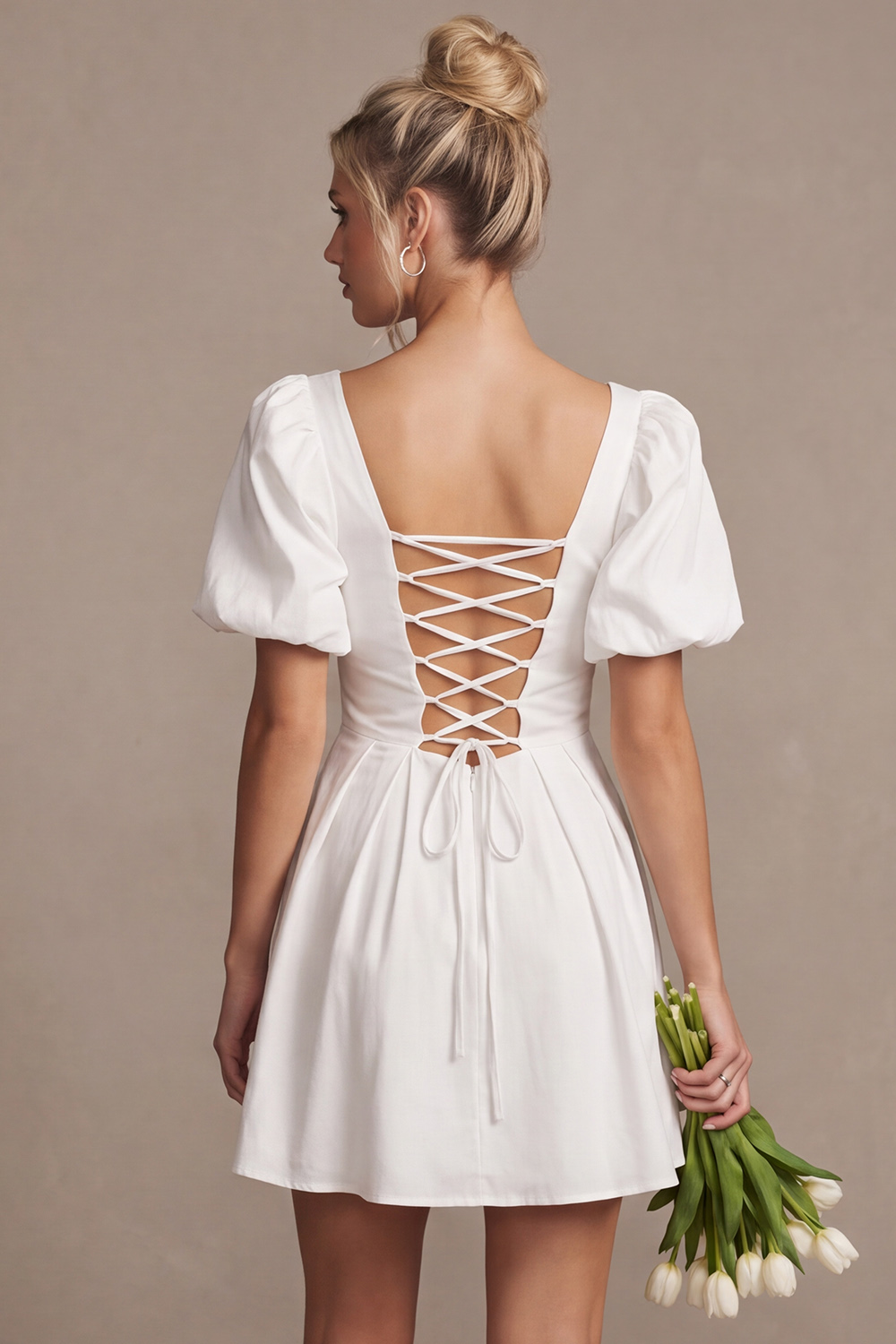 White A-Line V Neck Puff Sleeves Short Simple Wedding Dress